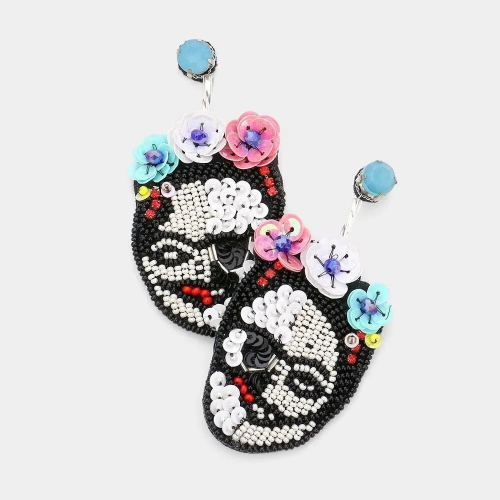New Womens Boutique Triple Flower Sequin Seed Beaded Skull Frida Dangle Earrings